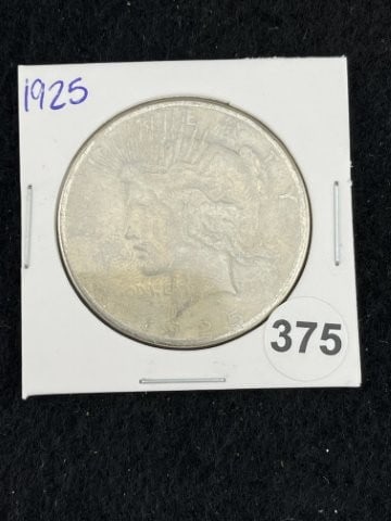 1925 Peace Silver Dollar Coin: KEY WORDS: INDIAN ARTIFACT ARTIFACTS ARROWHEAD ARROWHEADS NATIVE AMERICAN MISSISSIPPIAN QUAPAW CADDO POTTERY COINS MORGAN DOLLAR PEACE DOLLAR SILVER COINS. All coins have been Sigma tested for