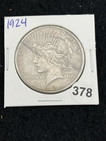1924 Peace Silver Dollar Coin: KEY WORDS: INDIAN ARTIFACT ARTIFACTS ARROWHEAD ARROWHEADS NATIVE AMERICAN MISSISSIPPIAN QUAPAW CADDO POTTERY COINS MORGAN DOLLAR PEACE DOLLAR SILVER COINS. All coins have been Sigma tested for