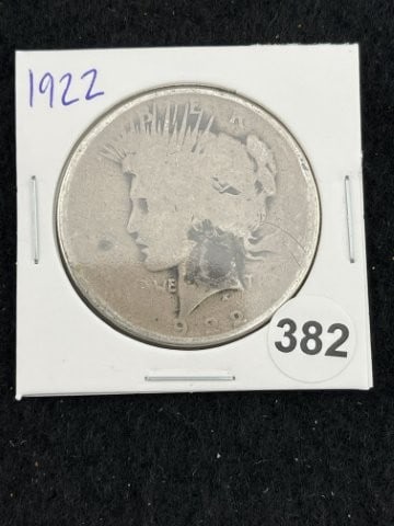 1922 Peace Silver Dollar Coin: KEY WORDS: INDIAN ARTIFACT ARTIFACTS ARROWHEAD ARROWHEADS NATIVE AMERICAN MISSISSIPPIAN QUAPAW CADDO POTTERY COINS MORGAN DOLLAR PEACE DOLLAR SILVER COINS. All coins have been Sigma tested for authent