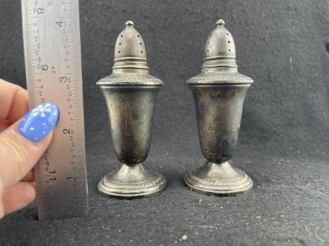 Pair of Sterling Silver Weighted Salt & Pepper Shakers: KEY WORDS: INDIAN ARTIFACT ARTIFACTS ARROWHEAD ARROWHEADS NATIVE AMERICAN MISSISSIPPIAN QUAPAW CADDO POTTERY COINS MORGAN DOLLAR PEACE DOLLAR SILVER COINS. All coins have been Sigma tested for