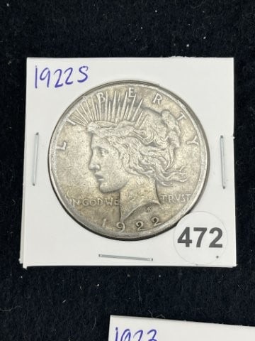 1922 S Peace Silver Dollar Coin: KEY WORDS: INDIAN ARTIFACT ARTIFACTS ARROWHEAD ARROWHEADS NATIVE AMERICAN MISSISSIPPIAN QUAPAW CADDO POTTERY COINS MORGAN DOLLAR PEACE DOLLAR SILVER COINS. All coins have been Sigma tested for