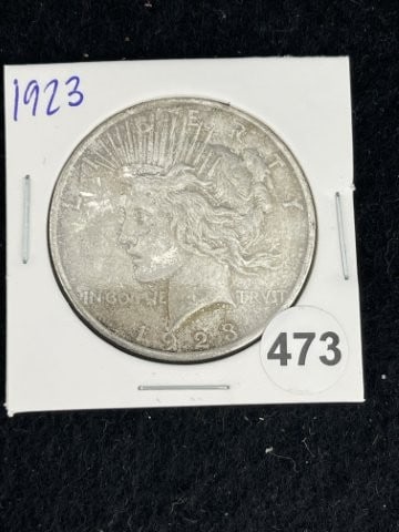 1923 Peace Silver Dollar Coin: KEY WORDS: INDIAN ARTIFACT ARTIFACTS ARROWHEAD ARROWHEADS NATIVE AMERICAN MISSISSIPPIAN QUAPAW CADDO POTTERY COINS MORGAN DOLLAR PEACE DOLLAR SILVER COINS. All coins have been Sigma tested for