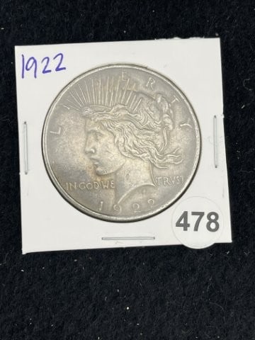 1922 Peace Silver Dollar Coin: KEY WORDS: INDIAN ARTIFACT ARTIFACTS ARROWHEAD ARROWHEADS NATIVE AMERICAN MISSISSIPPIAN QUAPAW CADDO POTTERY COINS MORGAN DOLLAR PEACE DOLLAR SILVER COINS. All coins have been Sigma tested for