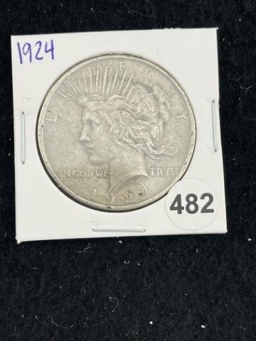 1924 Peace Silver Dollar Coin: KEY WORDS: INDIAN ARTIFACT ARTIFACTS ARROWHEAD ARROWHEADS NATIVE AMERICAN MISSISSIPPIAN QUAPAW CADDO POTTERY COINS MORGAN DOLLAR PEACE DOLLAR SILVER COINS. All coins have been Sigma tested for authent