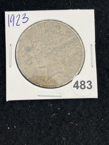 1923 Peace Silver Dollar Coin: KEY WORDS: INDIAN ARTIFACT ARTIFACTS ARROWHEAD ARROWHEADS NATIVE AMERICAN MISSISSIPPIAN QUAPAW CADDO POTTERY COINS MORGAN DOLLAR PEACE DOLLAR SILVER COINS. All coins have been Sigma tested for authent