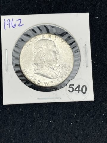 1962 Franklin Half Dollar Silver Coin: KEY WORDS: INDIAN ARTIFACT ARTIFACTS ARROWHEAD ARROWHEADS NATIVE AMERICAN MISSISSIPPIAN QUAPAW CADDO POTTERY COINS MORGAN DOLLAR PEACE DOLLAR SILVER COINS. All coins have been Sigma tested for