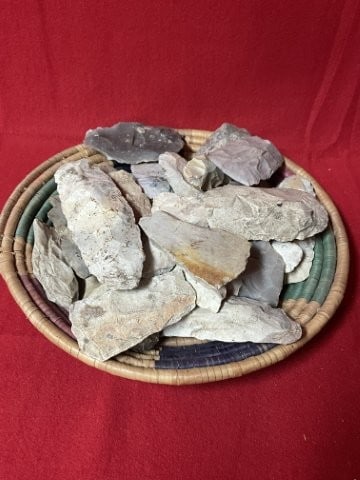 Group of Arrowheads with Basket: KEY WORDS: INDIAN ARTIFACT ARTIFACTS ARROWHEAD ARROWHEADS NATIVE AMERICAN MISSISSIPPIAN QUAPAW CADDO POTTERY COINS MORGAN DOLLAR PEACE DOLLAR SILVER COINS. All coins have been Sigma tested for