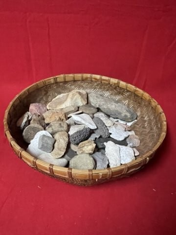 Group of Arrowheads with Basket: KEY WORDS: INDIAN ARTIFACT ARTIFACTS ARROWHEAD ARROWHEADS NATIVE AMERICAN MISSISSIPPIAN QUAPAW CADDO POTTERY COINS MORGAN DOLLAR PEACE DOLLAR SILVER COINS. All coins have been Sigma tested for