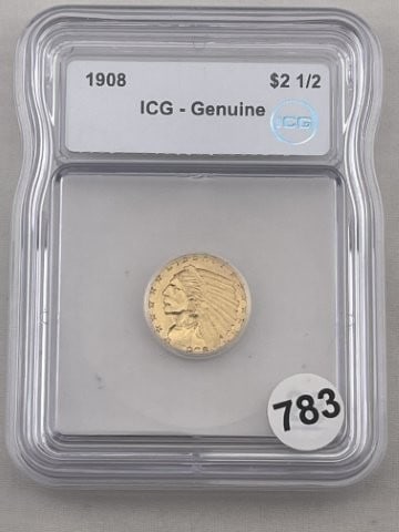 1908 ICG - Genuine $2.5 Gold Indian Quarter Eagle Coin: KEY WORDS: INDIAN ARTIFACT ARTIFACTS ARROWHEAD ARROWHEADS NATIVE AMERICAN MISSISSIPPIAN QUAPAW CADDO POTTERY COINS MORGAN DOLLAR PEACE DOLLAR SILVER COINS. All coins have been Sigma tested for