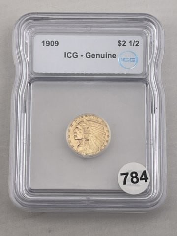 1909 ICG - Genuine $2.5 Gold Indian Quarter Eagle Coin: KEY WORDS: INDIAN ARTIFACT ARTIFACTS ARROWHEAD ARROWHEADS NATIVE AMERICAN MISSISSIPPIAN QUAPAW CADDO POTTERY COINS MORGAN DOLLAR PEACE DOLLAR SILVER COINS. All coins have been Sigma tested for