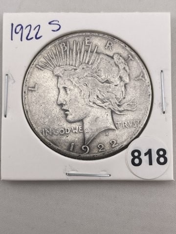 1922 S Peace Silver Dollar Coin: KEY WORDS: INDIAN ARTIFACT ARTIFACTS ARROWHEAD ARROWHEADS NATIVE AMERICAN MISSISSIPPIAN QUAPAW CADDO POTTERY COINS MORGAN DOLLAR PEACE DOLLAR SILVER COINS. All coins have been Sigma tested for authent
