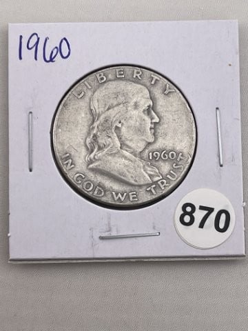 1960 Franklin Half Dollar Silver Coin: KEY WORDS: INDIAN ARTIFACT ARTIFACTS ARROWHEAD ARROWHEADS NATIVE AMERICAN MISSISSIPPIAN QUAPAW CADDO POTTERY COINS MORGAN DOLLAR PEACE DOLLAR SILVER COINS. All coins have been Sigma tested for authent