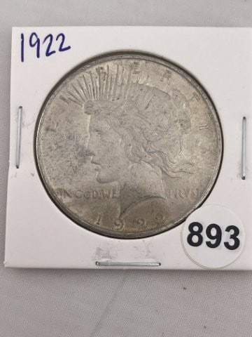 1922 Peace Silver Dollar Coin: KEY WORDS: INDIAN ARTIFACT ARTIFACTS ARROWHEAD ARROWHEADS NATIVE AMERICAN MISSISSIPPIAN QUAPAW CADDO POTTERY COINS MORGAN DOLLAR PEACE DOLLAR SILVER COINS. All coins have been Sigma tested for authent