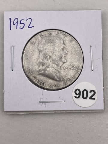 1952 Franklin Half Dollar Silver Coin: KEY WORDS: INDIAN ARTIFACT ARTIFACTS ARROWHEAD ARROWHEADS NATIVE AMERICAN MISSISSIPPIAN QUAPAW CADDO POTTERY COINS MORGAN DOLLAR PEACE DOLLAR SILVER COINS. All coins have been Sigma tested for authent
