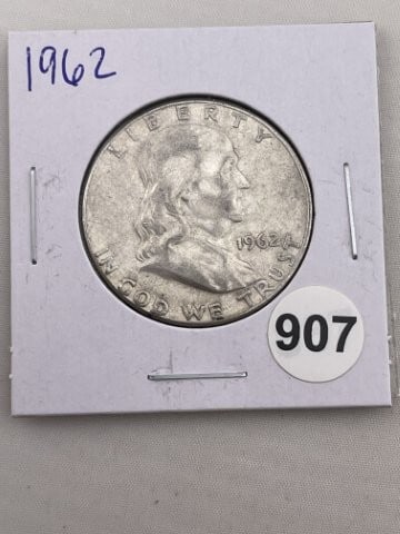 1962 Franklin Half Dollar Silver Coin: KEY WORDS: INDIAN ARTIFACT ARTIFACTS ARROWHEAD ARROWHEADS NATIVE AMERICAN MISSISSIPPIAN QUAPAW CADDO POTTERY COINS MORGAN DOLLAR PEACE DOLLAR SILVER COINS. All coins have been Sigma tested for authent
