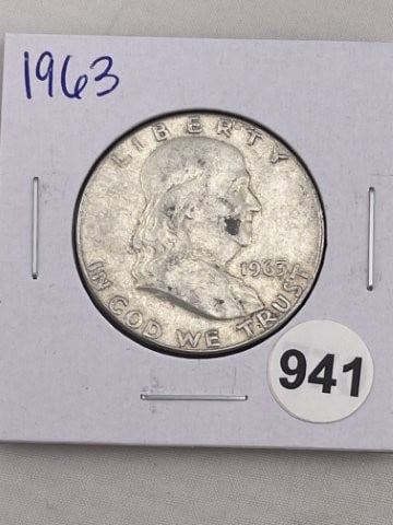 1963 Franklin Half Dollar Silver Coin: KEY WORDS: INDIAN ARTIFACT ARTIFACTS ARROWHEAD ARROWHEADS NATIVE AMERICAN MISSISSIPPIAN QUAPAW CADDO POTTERY COINS MORGAN DOLLAR PEACE DOLLAR SILVER COINS. All coins have been Sigma tested for authent