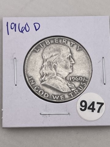 1960 D Franklin Half Dollar Silver Coin: KEY WORDS: INDIAN ARTIFACT ARTIFACTS ARROWHEAD ARROWHEADS NATIVE AMERICAN MISSISSIPPIAN QUAPAW CADDO POTTERY COINS MORGAN DOLLAR PEACE DOLLAR SILVER COINS. All coins have been Sigma tested for authent