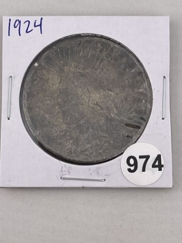 1924 Peace Silver Dollar Coin: KEY WORDS: INDIAN ARTIFACT ARTIFACTS ARROWHEAD ARROWHEADS NATIVE AMERICAN MISSISSIPPIAN QUAPAW CADDO POTTERY COINS MORGAN DOLLAR PEACE DOLLAR SILVER COINS. All coins have been Sigma tested for authent