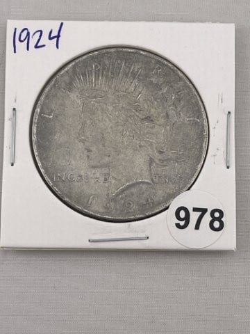 1924 Peace Silver Dollar Coin: KEY WORDS: INDIAN ARTIFACT ARTIFACTS ARROWHEAD ARROWHEADS NATIVE AMERICAN MISSISSIPPIAN QUAPAW CADDO POTTERY COINS MORGAN DOLLAR PEACE DOLLAR SILVER COINS. All coins have been Sigma tested for authent