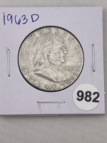 1963 D Franklin Half Dollar Silver Coin: KEY WORDS: INDIAN ARTIFACT ARTIFACTS ARROWHEAD ARROWHEADS NATIVE AMERICAN MISSISSIPPIAN QUAPAW CADDO POTTERY COINS MORGAN DOLLAR PEACE DOLLAR SILVER COINS. All coins have been Sigma tested for authent