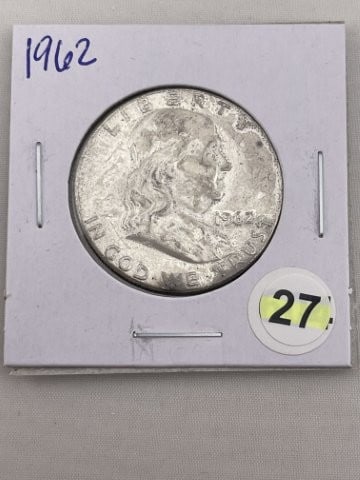 1962 Franklin Half Dollar Silver Coin: KEY WORDS: INDIAN ARTIFACT ARTIFACTS ARROWHEAD ARROWHEADS NATIVE AMERICAN MISSISSIPPIAN QUAPAW CADDO POTTERY COINS MORGAN DOLLAR PEACE DOLLAR SILVER COINS. All coins have been Sigma tested for authent