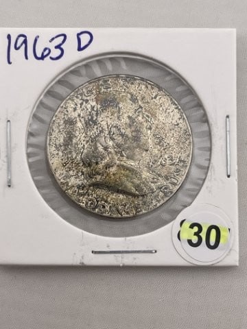 1963 D Franklin Half Dollar Silver Coin: KEY WORDS: INDIAN ARTIFACT ARTIFACTS ARROWHEAD ARROWHEADS NATIVE AMERICAN MISSISSIPPIAN QUAPAW CADDO POTTERY COINS MORGAN DOLLAR PEACE DOLLAR SILVER COINS. All coins have been Sigma tested for authent
