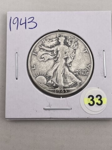 1943 Walking Liberty Half Dollar Silver Coin: KEY WORDS: INDIAN ARTIFACT ARTIFACTS ARROWHEAD ARROWHEADS NATIVE AMERICAN MISSISSIPPIAN QUAPAW CADDO POTTERY COINS MORGAN DOLLAR PEACE DOLLAR SILVER COINS. All coins have been Sigma tested for authent
