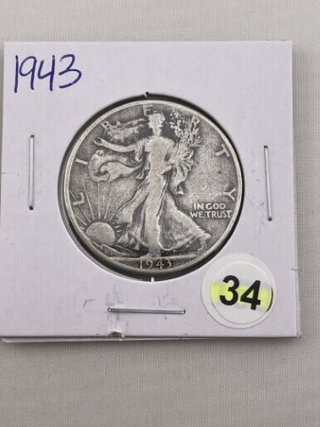 1943 Walking Liberty Half Dollar Silver Coin: KEY WORDS: INDIAN ARTIFACT ARTIFACTS ARROWHEAD ARROWHEADS NATIVE AMERICAN MISSISSIPPIAN QUAPAW CADDO POTTERY COINS MORGAN DOLLAR PEACE DOLLAR SILVER COINS. All coins have been Sigma tested for authent