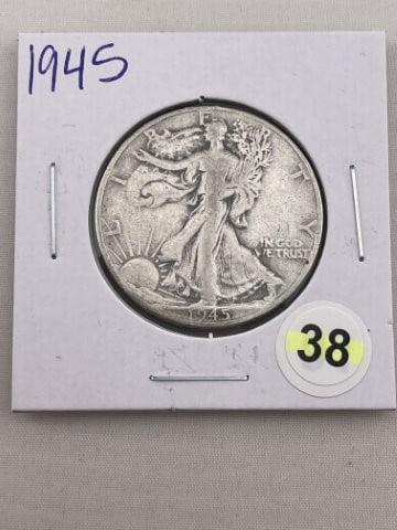 1945 Walking Liberty Half Dollar Silver Coin: KEY WORDS: INDIAN ARTIFACT ARTIFACTS ARROWHEAD ARROWHEADS NATIVE AMERICAN MISSISSIPPIAN QUAPAW CADDO POTTERY COINS MORGAN DOLLAR PEACE DOLLAR SILVER COINS. All coins have been Sigma tested for authent