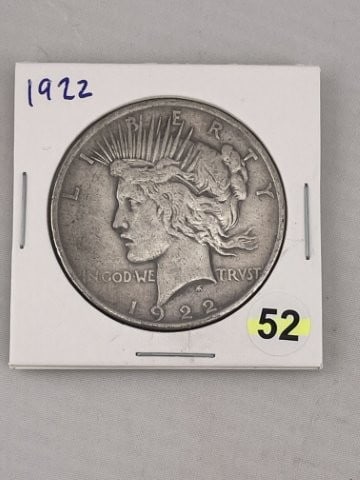 1922 Peace Silver Dollar Coin: KEY WORDS: INDIAN ARTIFACT ARTIFACTS ARROWHEAD ARROWHEADS NATIVE AMERICAN MISSISSIPPIAN QUAPAW CADDO POTTERY COINS MORGAN DOLLAR PEACE DOLLAR SILVER COINS. All coins have been Sigma tested for authent