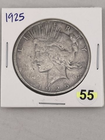1925 Peace Silver Dollar Coin: KEY WORDS: INDIAN ARTIFACT ARTIFACTS ARROWHEAD ARROWHEADS NATIVE AMERICAN MISSISSIPPIAN QUAPAW CADDO POTTERY COINS MORGAN DOLLAR PEACE DOLLAR SILVER COINS. All coins have been Sigma tested for authent
