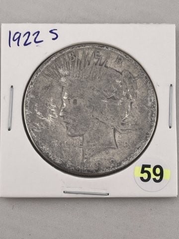 1922 S Peace Silver Dollar Coin: KEY WORDS: INDIAN ARTIFACT ARTIFACTS ARROWHEAD ARROWHEADS NATIVE AMERICAN MISSISSIPPIAN QUAPAW CADDO POTTERY COINS MORGAN DOLLAR PEACE DOLLAR SILVER COINS. All coins have been Sigma tested for authent