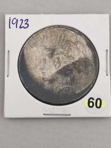 1923 Peace Silver Dollar Coin: KEY WORDS: INDIAN ARTIFACT ARTIFACTS ARROWHEAD ARROWHEADS NATIVE AMERICAN MISSISSIPPIAN QUAPAW CADDO POTTERY COINS MORGAN DOLLAR PEACE DOLLAR SILVER COINS. All coins have been Sigma tested for authent