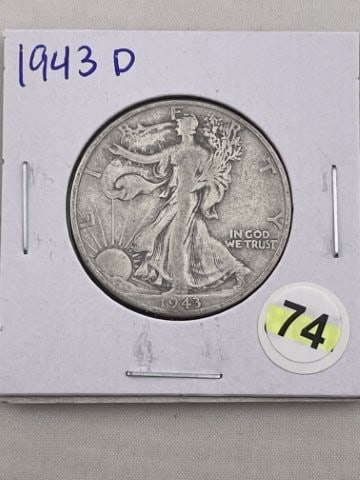 1943 D Walking Liberty Half Dollar Silver Coin: KEY WORDS: INDIAN ARTIFACT ARTIFACTS ARROWHEAD ARROWHEADS NATIVE AMERICAN MISSISSIPPIAN QUAPAW CADDO POTTERY COINS MORGAN DOLLAR PEACE DOLLAR SILVER COINS. All coins have been Sigma tested for authent