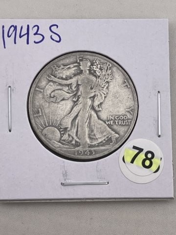 1943 S Walking Liberty Half Dollar Silver Coin: KEY WORDS: INDIAN ARTIFACT ARTIFACTS ARROWHEAD ARROWHEADS NATIVE AMERICAN MISSISSIPPIAN QUAPAW CADDO POTTERY COINS MORGAN DOLLAR PEACE DOLLAR SILVER COINS. All coins have been Sigma tested for authent