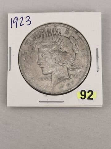 1923 Peace Silver Dollar Coin: KEY WORDS: INDIAN ARTIFACT ARTIFACTS ARROWHEAD ARROWHEADS NATIVE AMERICAN MISSISSIPPIAN QUAPAW CADDO POTTERY COINS MORGAN DOLLAR PEACE DOLLAR SILVER COINS. All coins have been Sigma tested for authent