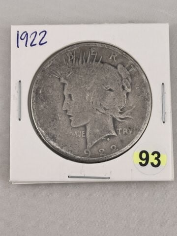 1922 Peace Silver Dollar Coin: KEY WORDS: INDIAN ARTIFACT ARTIFACTS ARROWHEAD ARROWHEADS NATIVE AMERICAN MISSISSIPPIAN QUAPAW CADDO POTTERY COINS MORGAN DOLLAR PEACE DOLLAR SILVER COINS. All coins have been Sigma tested for authent