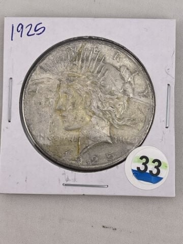 1925 Peace Silver Dollar Coin: KEY WORDS: INDIAN ARTIFACT ARTIFACTS ARROWHEAD ARROWHEADS NATIVE AMERICAN MISSISSIPPIAN QUAPAW CADDO POTTERY COINS MORGAN DOLLAR PEACE DOLLAR SILVER COINS. All coins have been Sigma tested for authent
