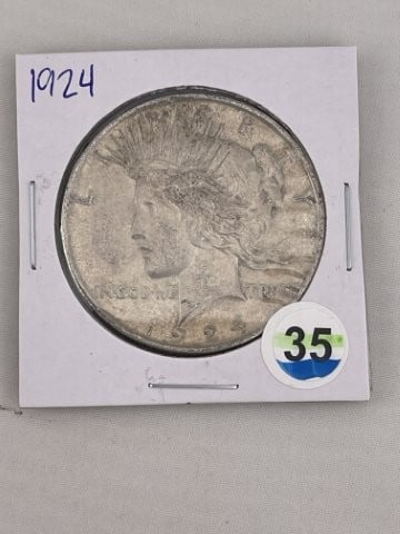 1924 Peace Silver Dollar Coin: KEY WORDS: INDIAN ARTIFACT ARTIFACTS ARROWHEAD ARROWHEADS NATIVE AMERICAN MISSISSIPPIAN QUAPAW CADDO POTTERY COINS MORGAN DOLLAR PEACE DOLLAR SILVER COINS. All coins have been Sigma tested for authent