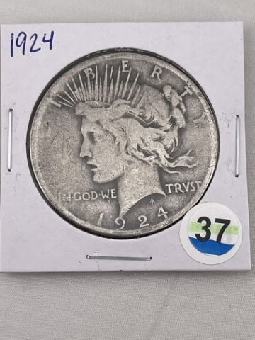 1924 Peace Silver Dollar Coin: KEY WORDS: INDIAN ARTIFACT ARTIFACTS ARROWHEAD ARROWHEADS NATIVE AMERICAN MISSISSIPPIAN QUAPAW CADDO POTTERY COINS MORGAN DOLLAR PEACE DOLLAR SILVER COINS. All coins have been Sigma tested for authent
