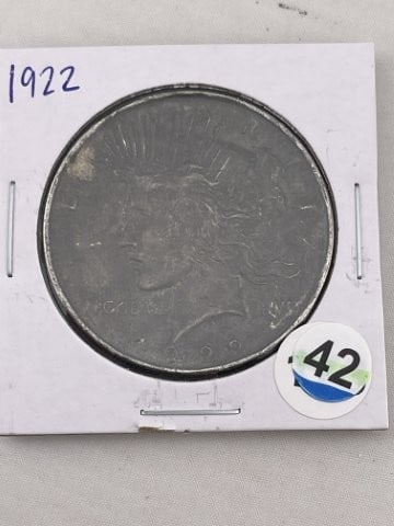 1922 Peace Silver Dollar Coin: KEY WORDS: INDIAN ARTIFACT ARTIFACTS ARROWHEAD ARROWHEADS NATIVE AMERICAN MISSISSIPPIAN QUAPAW CADDO POTTERY COINS MORGAN DOLLAR PEACE DOLLAR SILVER COINS. All coins have been Sigma tested for authent