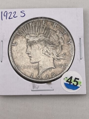 1922 S Peace Silver Dollar Coin: KEY WORDS: INDIAN ARTIFACT ARTIFACTS ARROWHEAD ARROWHEADS NATIVE AMERICAN MISSISSIPPIAN QUAPAW CADDO POTTERY COINS MORGAN DOLLAR PEACE DOLLAR SILVER COINS. All coins have been Sigma tested for authent