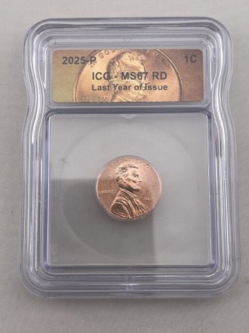 2025 ICG MS67 Last Year of Issue Penny Coin: KEY WORDS: INDIAN ARTIFACT ARTIFACTS ARROWHEAD ARROWHEADS NATIVE AMERICAN MISSISSIPPIAN QUAPAW CADDO POTTERY COINS MORGAN DOLLAR PEACE DOLLAR SILVER COINS. All coins have been Sigma tested for authent