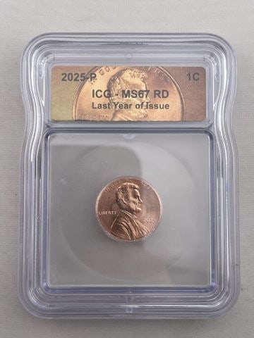 2025 ICG MS67 Last Year of Issue Penny Coin: KEY WORDS: INDIAN ARTIFACT ARTIFACTS ARROWHEAD ARROWHEADS NATIVE AMERICAN MISSISSIPPIAN QUAPAW CADDO POTTERY COINS MORGAN DOLLAR PEACE DOLLAR SILVER COINS. All coins have been Sigma tested for authent