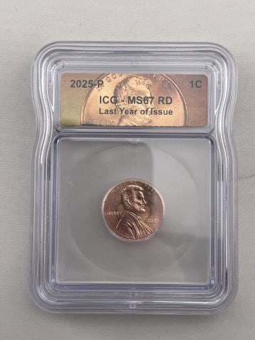 2025 ICG MS67 Last Year of Issue Penny Coin: KEY WORDS: INDIAN ARTIFACT ARTIFACTS ARROWHEAD ARROWHEADS NATIVE AMERICAN MISSISSIPPIAN QUAPAW CADDO POTTERY COINS MORGAN DOLLAR PEACE DOLLAR SILVER COINS. All coins have been Sigma tested for authent