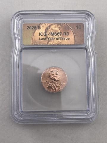 2025 ICG MS67 Last Year of Issue Penny Coin: KEY WORDS: INDIAN ARTIFACT ARTIFACTS ARROWHEAD ARROWHEADS NATIVE AMERICAN MISSISSIPPIAN QUAPAW CADDO POTTERY COINS MORGAN DOLLAR PEACE DOLLAR SILVER COINS. All coins have been Sigma tested for authent