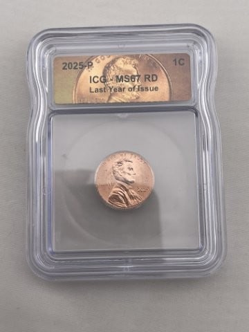 2025 ICG MS67 Last Year of Issue Penny Coin: KEY WORDS: INDIAN ARTIFACT ARTIFACTS ARROWHEAD ARROWHEADS NATIVE AMERICAN MISSISSIPPIAN QUAPAW CADDO POTTERY COINS MORGAN DOLLAR PEACE DOLLAR SILVER COINS. All coins have been Sigma tested for authent