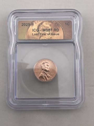 2025 ICG MS67 Last Year of Issue Penny Coin: KEY WORDS: INDIAN ARTIFACT ARTIFACTS ARROWHEAD ARROWHEADS NATIVE AMERICAN MISSISSIPPIAN QUAPAW CADDO POTTERY COINS MORGAN DOLLAR PEACE DOLLAR SILVER COINS. All coins have been Sigma tested for authent
