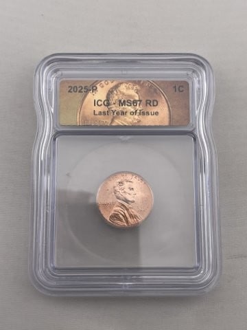 2025 ICG MS67 Last Year of Issue Penny Coin: KEY WORDS: INDIAN ARTIFACT ARTIFACTS ARROWHEAD ARROWHEADS NATIVE AMERICAN MISSISSIPPIAN QUAPAW CADDO POTTERY COINS MORGAN DOLLAR PEACE DOLLAR SILVER COINS. All coins have been Sigma tested for