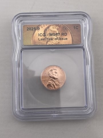 2025 ICG MS67 Last Year of Issue Penny Coin: KEY WORDS: INDIAN ARTIFACT ARTIFACTS ARROWHEAD ARROWHEADS NATIVE AMERICAN MISSISSIPPIAN QUAPAW CADDO POTTERY COINS MORGAN DOLLAR PEACE DOLLAR SILVER COINS. All coins have been Sigma tested for authent
